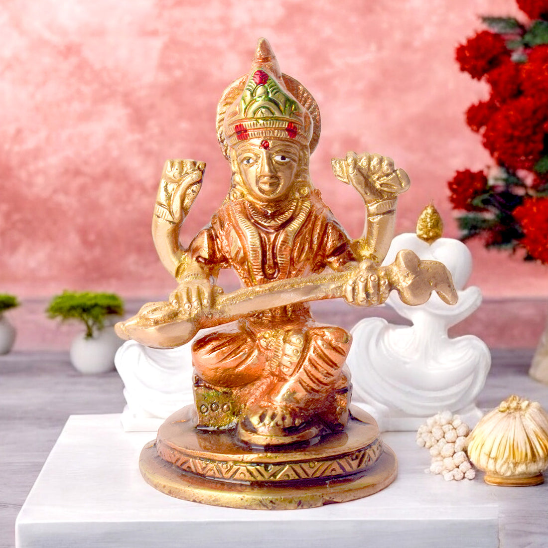 3.7 Inch Exquisite Handcrafted Brass Saraswati Idol – Perfect for Home Temple, Study Space, and Spiritual Gifting. No.1 Brass Idol Store www.satvikstore.in 