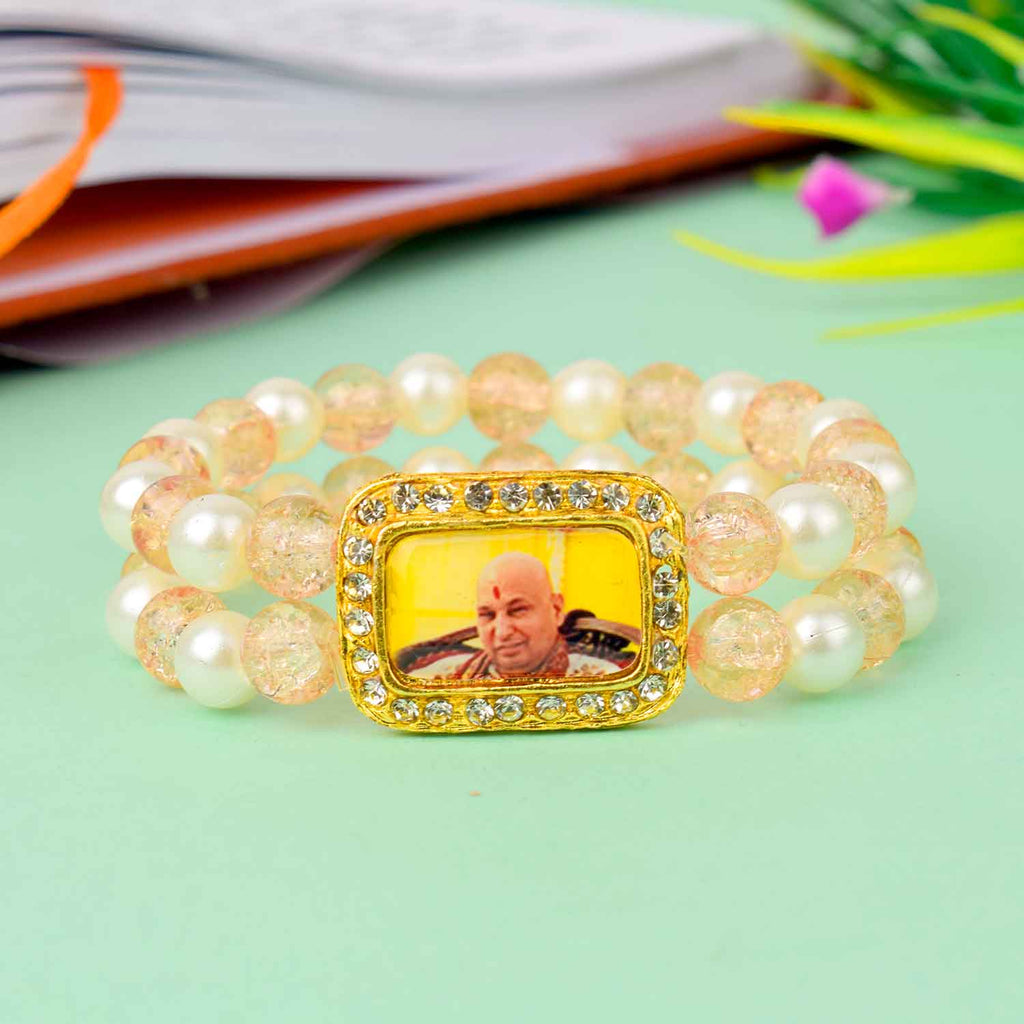 Radiant Guruji Swaroop Bracelet with white pearls and colorful beads (assorted), elegant half-and-half design ideal for pooja, daily wear, or gifting – India’s Largest Pooja Accessories Brand – www.satvikstore.in