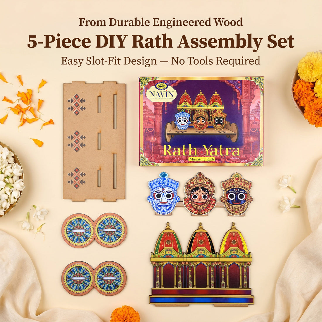 Rath Yatra DIY wooden chariot set for festive decoration and puja