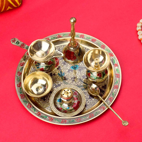 Ravishing 7 Pc Brass Puja Thali Set with Premium Velvet Box (8 Inch)