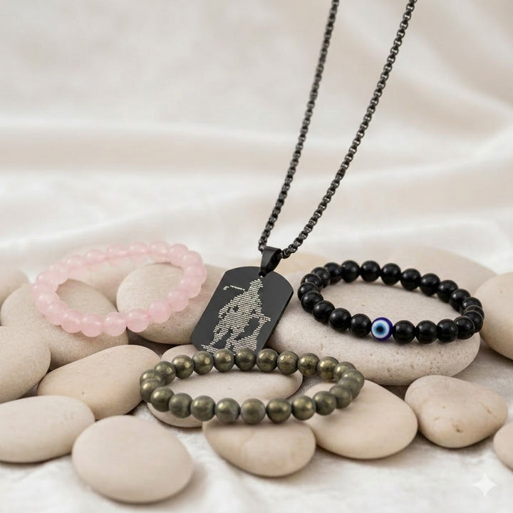 raw pyrite bracelet rose quartz bracelet black obsidian evil eye bracelet hanuman chalisa pendant protection love combo. India’s Largest Puja Accessories Brand- www.satvikstore.in