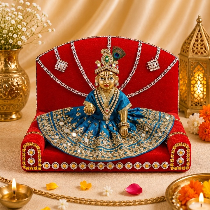 Royal Throne – Red Velvet Laddu Gopal Singhasan with Silver Detailing