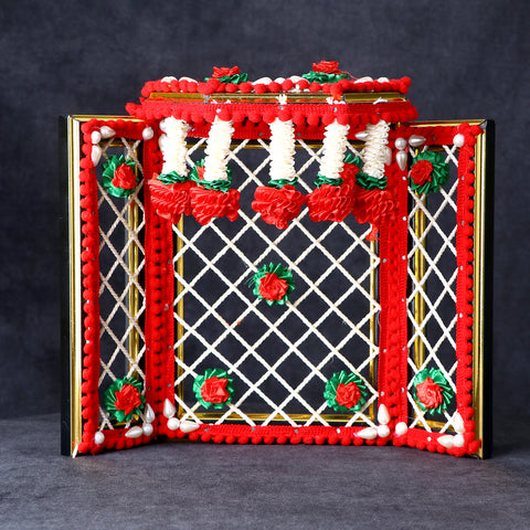 8 Inch Red Astonishing Ganesha Phool Bangla adorned with vibrant artificial flowers, ideal for Ganpati idol backdrop and festive decoration. India’s Largest Pooja Accessories Brand – www.satvikstore.in