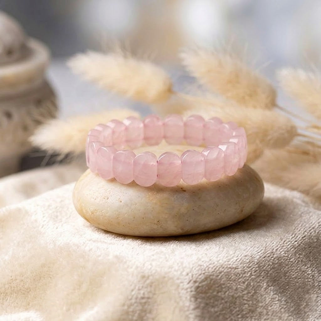 Rose quartz flat-beaded healing stone bracelet with soft pink 8mm beads. India’s Largest Pooja Accessories Brand - www.satvikstore.in