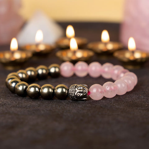 Rose quartz and golden pyrite healing stone bracelet with pink and metallic gold 8mm beads. India’s Largest Pooja Accessories Brand - www.satvikstore.in
