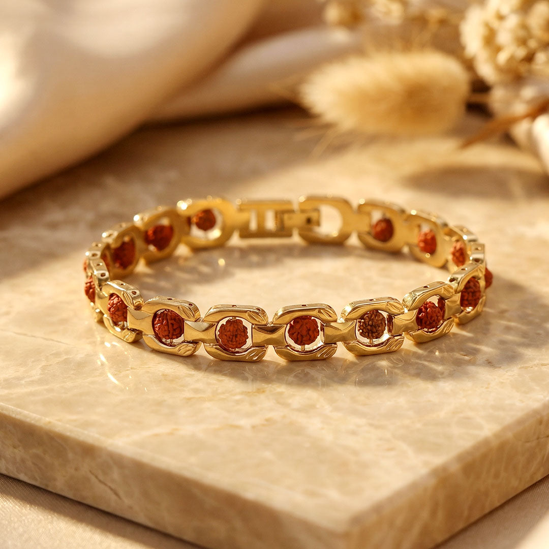 Certified Rudraksha gold plated bracelet with premium IGP coating – spiritual adjustable bracelet made with authentic Rudraksha beads. India’s Largest Pooja Accessories Brand - www.satvikstore.in