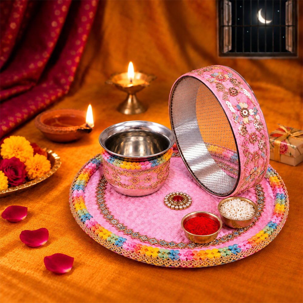 Artisanal Pink Fabric Karwa Chauth Thali 3 Pcs Set