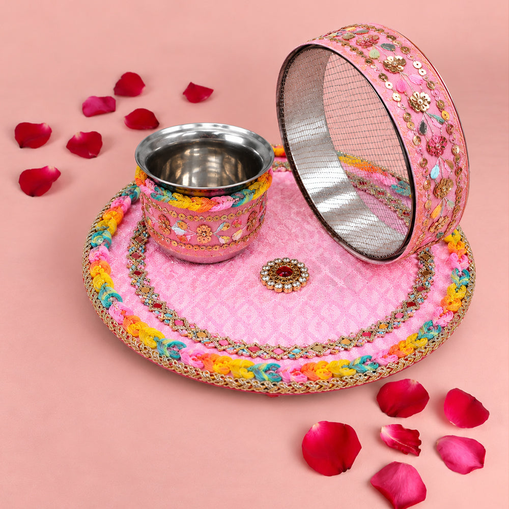 Artisanal Pink Fabric Karwa Chauth Thali 3 Pcs Set