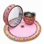 Artisanal Pink Fabric Karwa Chauth Thali 3 Pcs Set
