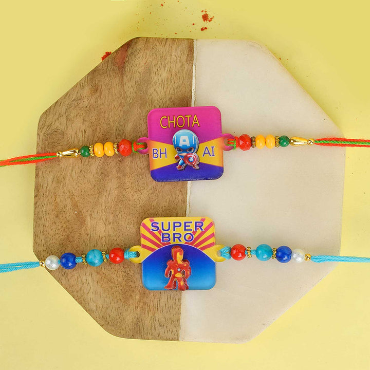 Set of 2 Kids Rakhis with Chota Bhai and Superhero designs, featuring vibrant cartoon-themed Rakhis for Raksha Bandhan celebrations. satvikstore.in
