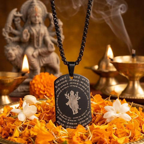 Shree Durga Maa microcarved black pendant with detailed engraving for divine protection. India’s Largest Pooja Accessories Brand - www.satvikstore.in