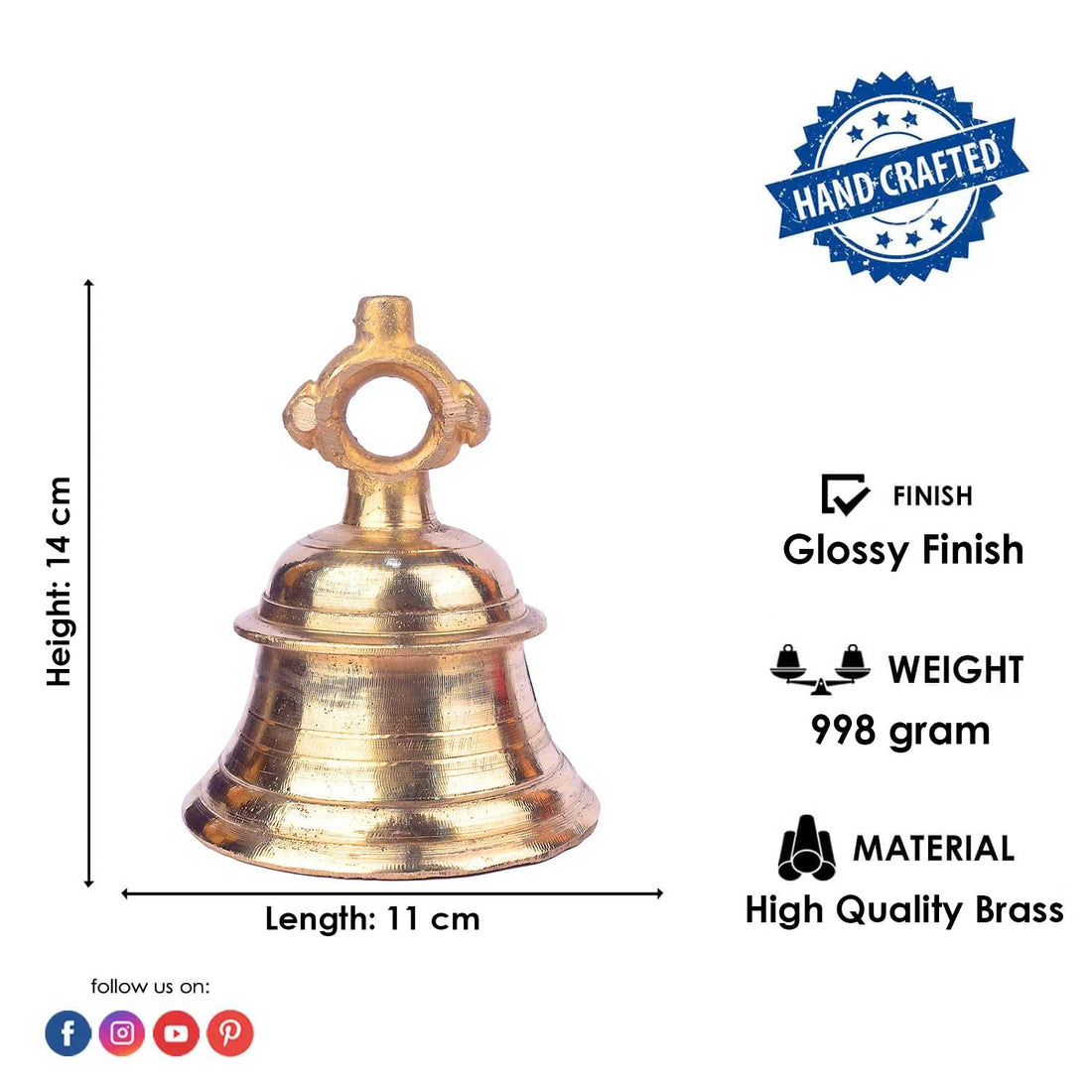5.5 Inch Pure Brass Temple Bell Large Mandir Ghanta