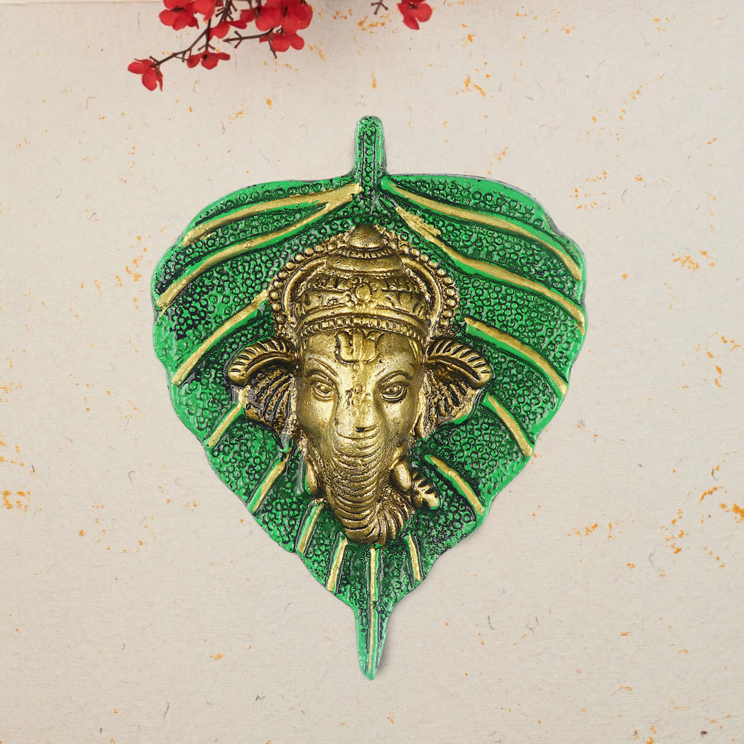 1 Pc Lord Ganesh Face on Leaf Patta Wall Hanging - Red