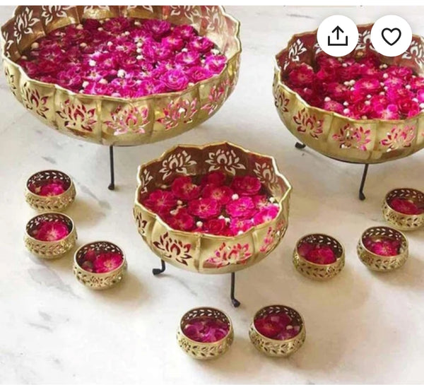 Striking Gold Lotus Diya Urli Set With 8 Votives