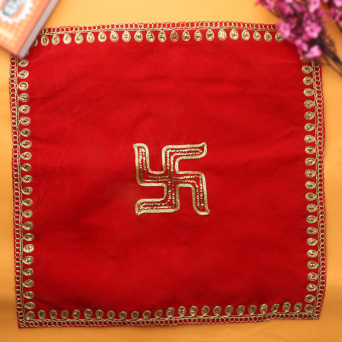 Swastik Red Velvet Puja Aasan (38 x 38 Cms) Set of 4, a set of four red velvet prayer mats featuring the Swastik symbol, designed to provide comfort and elegance during pooja and spiritual rituals.
India’s Largest Pooja Accessories Brand – www.satvikstore.in 