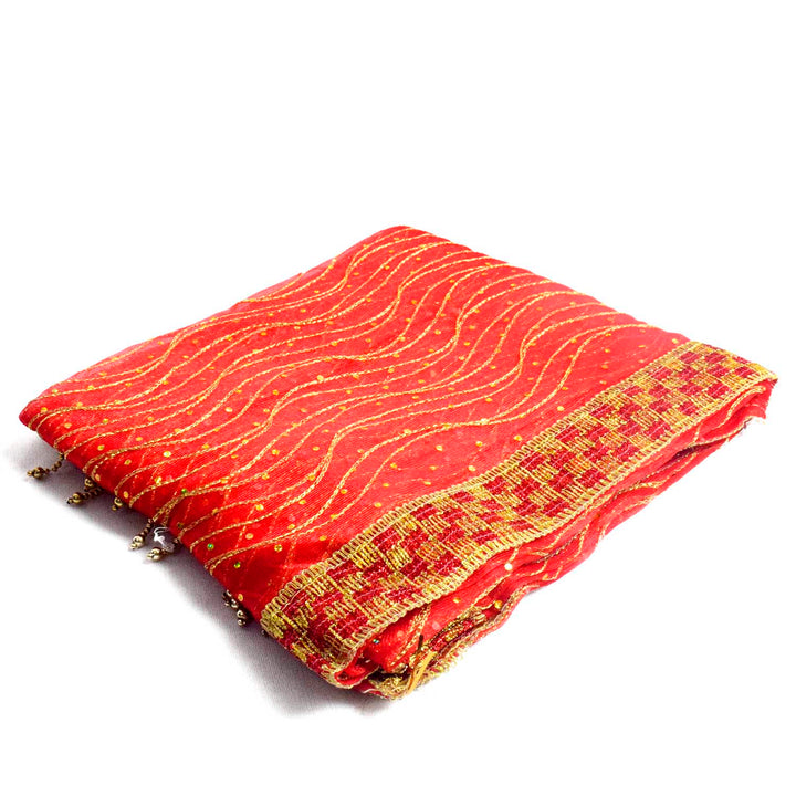 Traditional Mata Ki Chunri in red and gold, measuring 214 cm (84 inches) in length and 104 cm (41 inches) in height. Designed with intricate golden embroidery and a decorative border, this auspicious dupatta is ideal for pooja rituals, temple offerings, and festive occasions. Available at Satvik Store.