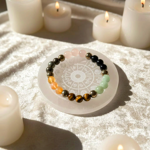 dhan yog bracelet tiger eye pyrite citrine quartz green aventurine golden pyrite selenite zodiac plate combo. India’s Largest Puja Accessories Brand- www.satvikstore.in