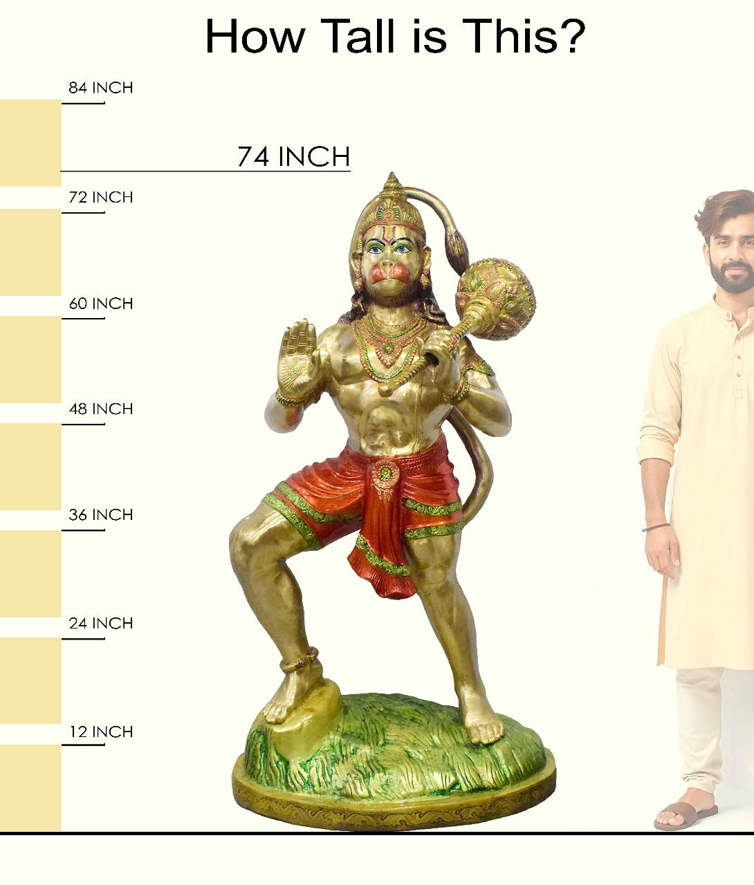 74 Inch Brass Hanuman Statue in Dynamic Pose - Holding Gada