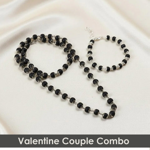 Valentine gift for couples featuring a certified Karungali mala and matching bracelet with silver capping, symbolizing love, protection, and spiritual bonding. India’s Premium Jap Mala Store - www.satvikstore.in