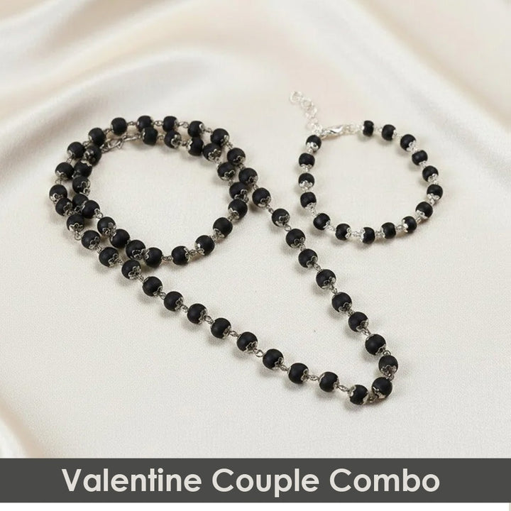 Valentine gift for couples featuring a certified Karungali mala and matching bracelet with silver capping, symbolizing love, protection, and spiritual bonding. India’s Premium Jap Mala Store - www.satvikstore.in