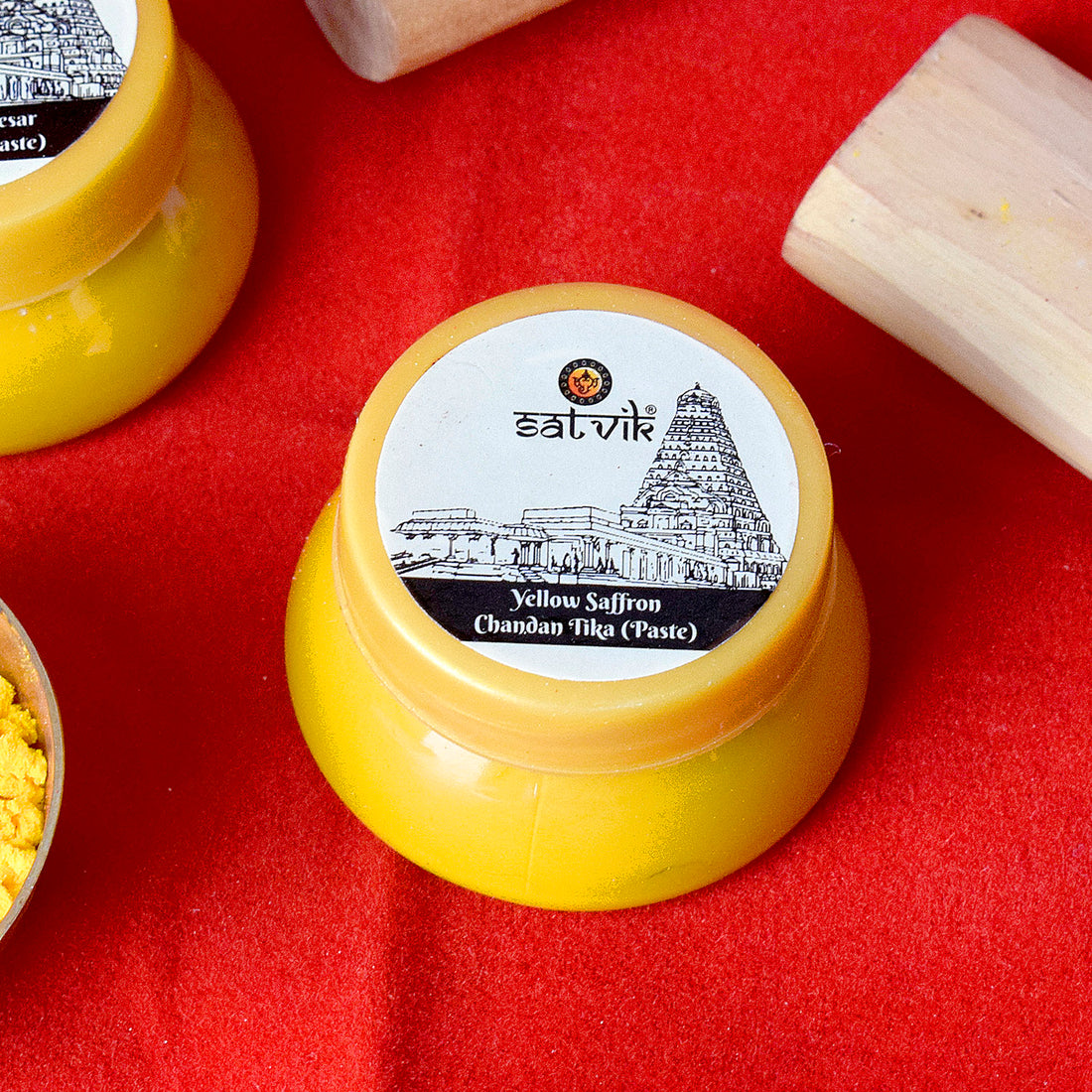 Yellow Saffron Chandan Tika Paste (Chandan Tilak) is ideal for daily pooja rituals, spiritual gatherings, and temple use. Known for its calming aroma and sacred symbolism, it brings purity and devotion to every religious ceremony – India’s Largest Pooja Accessories Brand – www.satvikstore.in