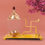 Yellow brass and metal Swastik chimney diya tray set featuring an integrated incense holder, ideal for daily puja rituals and auspicious spiritual decor. India’s Largest Pooja Accessories Brand – www.satvikstore.in