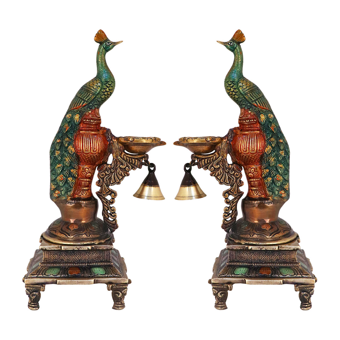 Satvik Stores Presents Brass Peacock Diya Stand.&nbsp;Any festive occasion will be made wonderfully auspicious by the grace and beauty of the Peacock Brass Handcrafted Hanging Diya. Given that it was made by hand, the piece's abnormalities and flaws only serve to enhance Diya's allure and charisma.