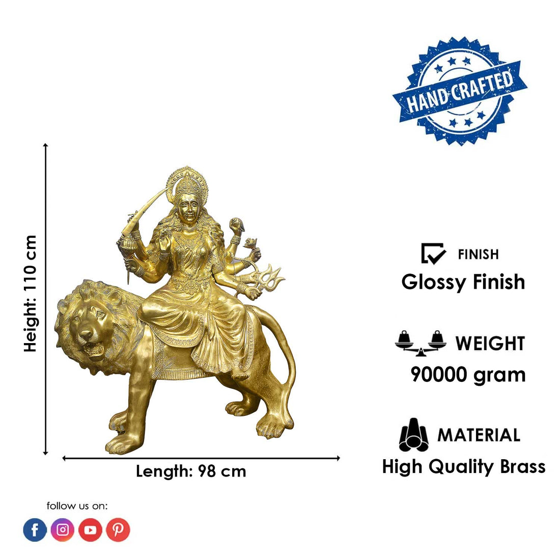 43 Inch Brass Durga Riding Lion Statue - Multi-Armed Goddess Idol with Sword & Trident