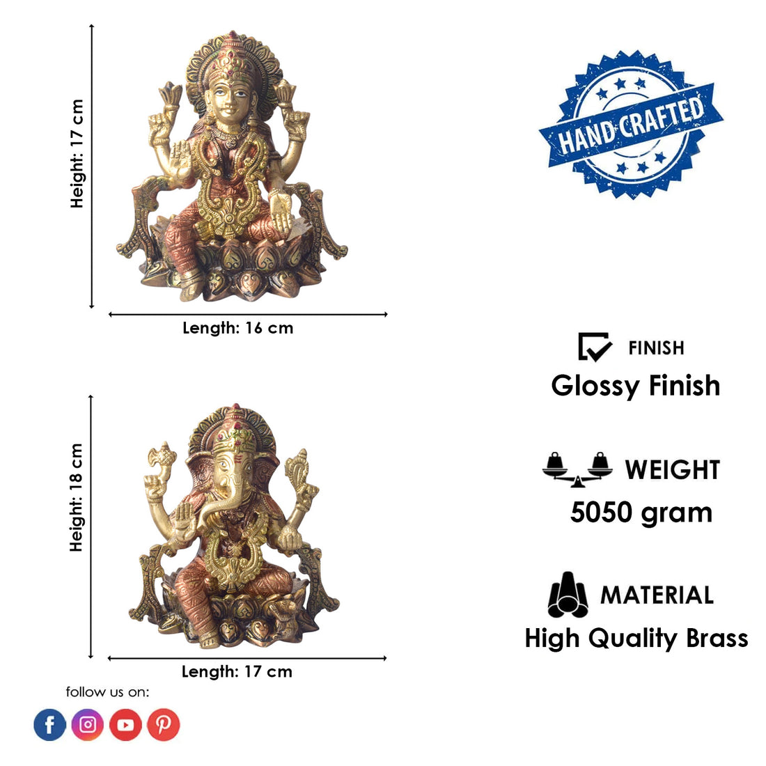 7 Inch Divine Handcrafted Brass Lakshmi Ganesha Idol