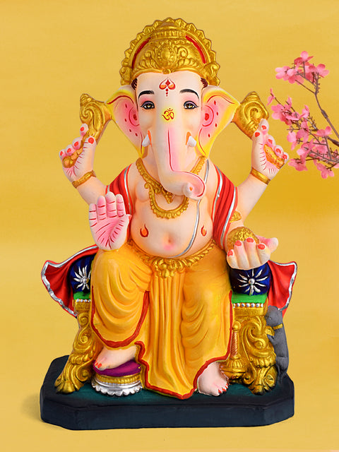 18-inch eco-friendly Vakratunda Ganesha idol in serene sitting pose, crafted from natural clay with intricate detailing for Ganesh Chaturthi celebrations. India’s Largest Pooja Accessories Brand – www.satvikstore.in