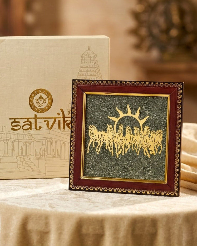 7 Horses on Raw Pyrite Frame Decorative Piece