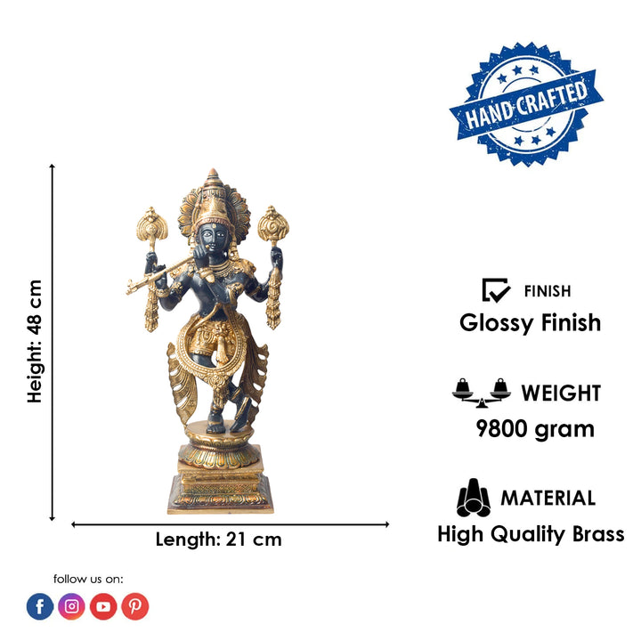 Bring home the divine charm of Lord Krishna with this exquisite 19-inch Brass Chola Krishna Sculpture. Expertly crafted, this statue captures Lord Krishna in his iconic pose, gracefully playing the flute.