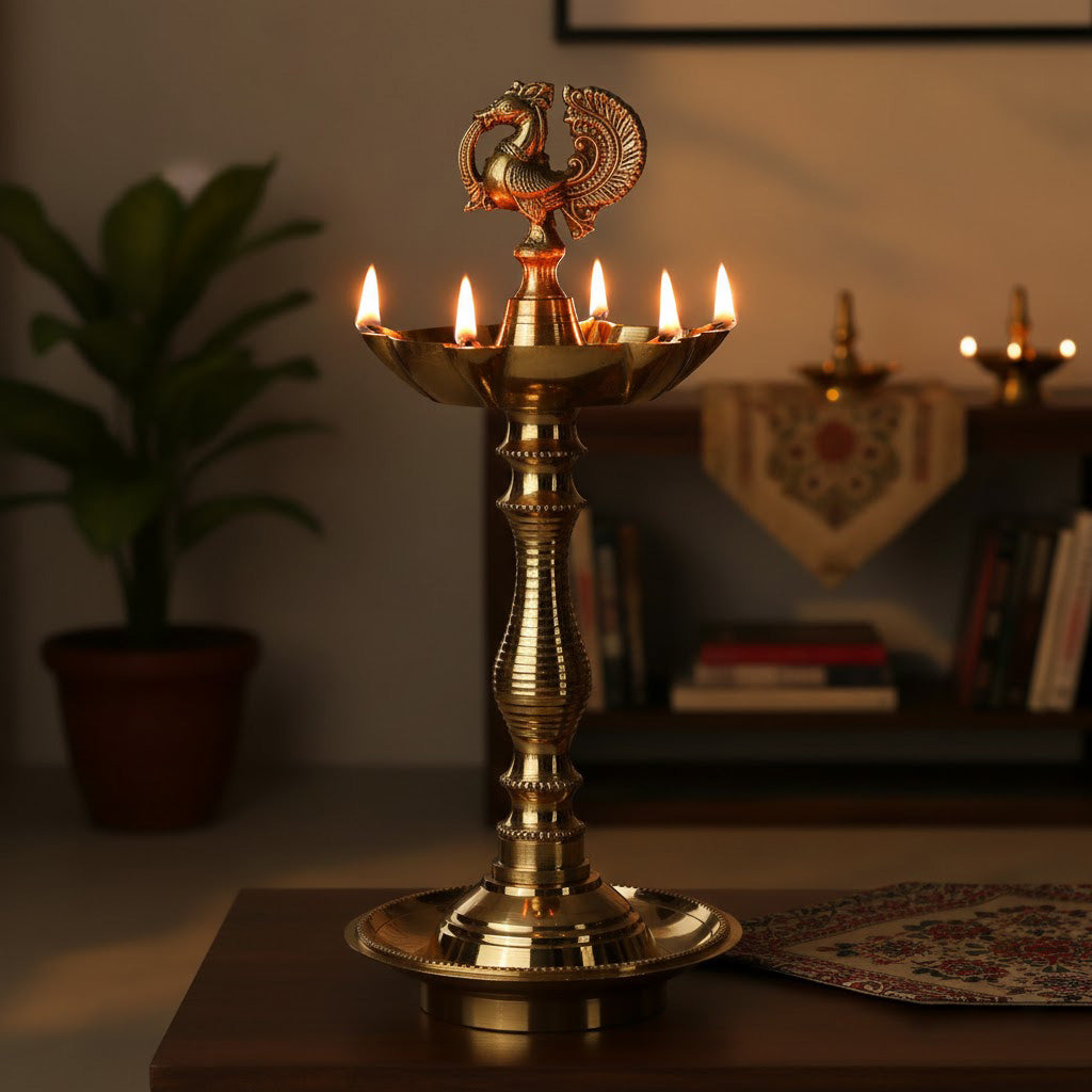 9.2 Inch Pure Brass Peacock Kerala Diya