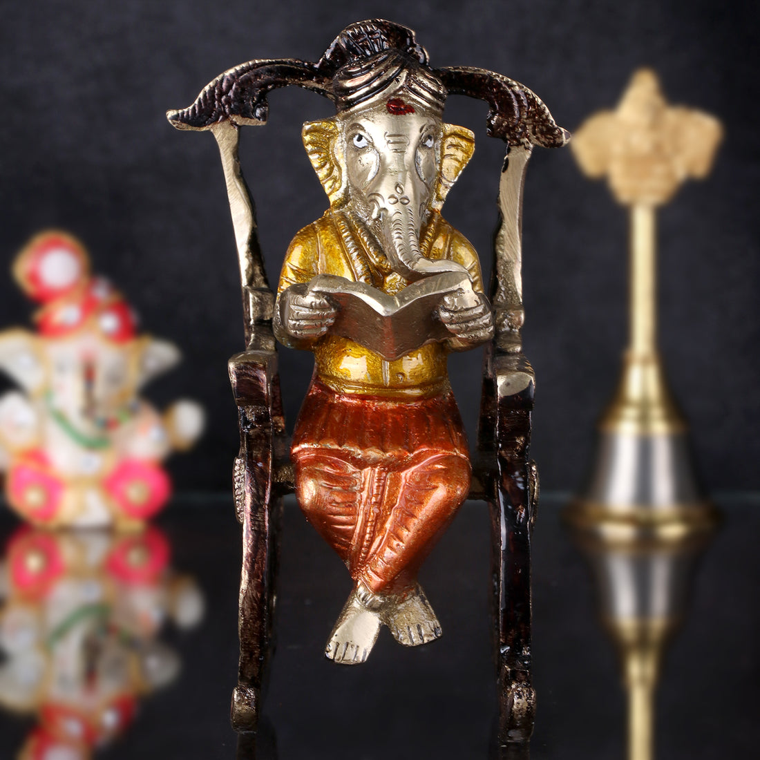 4.5 Inch Pure Brass Reading Book Ganesha Statue