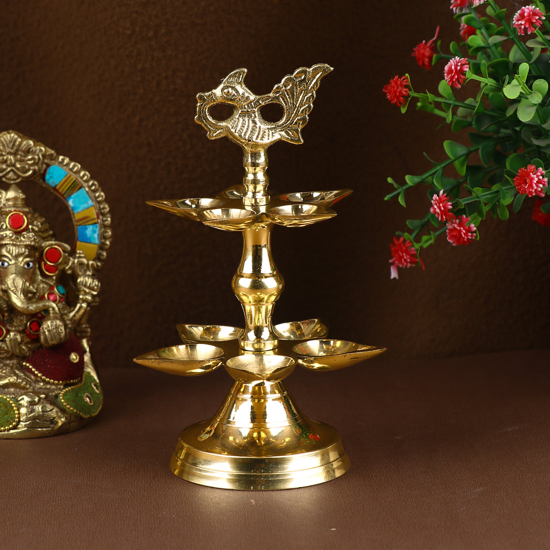 Brass 2 Step Panchmukhi Peacock Kerala Diya