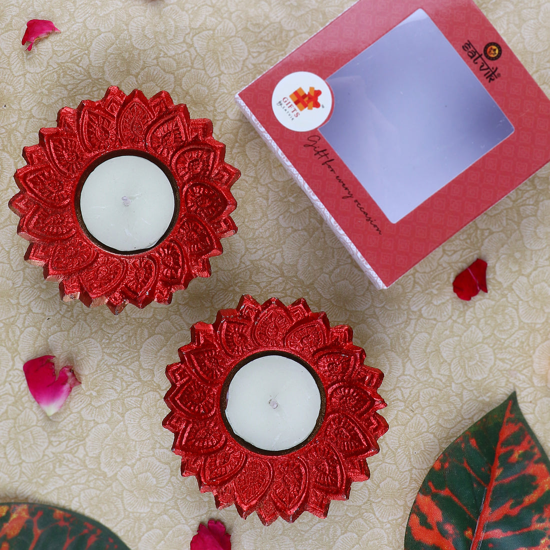 Floral Chakra Metal Diya in Red Color (Pack of 2)