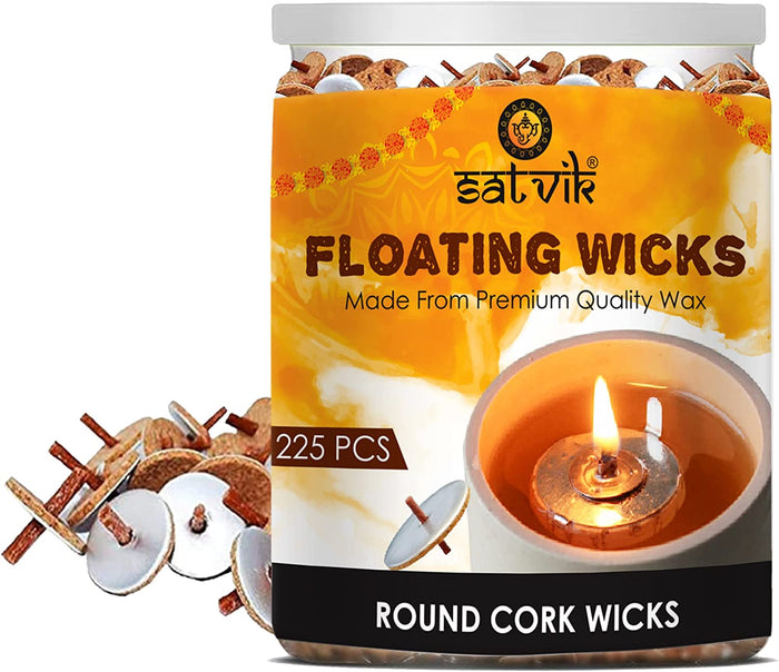 SATVIK 225 Pc Round Floating Wicks for Oil Cups with Cork Disc Holders, designed for long-lasting, clean-burning illumination in oil lamps for pooja and spiritual rituals. Eco-friendly, handmade with care. India’s Largest Pooja Accessories Brand – www.satvikstore.in
